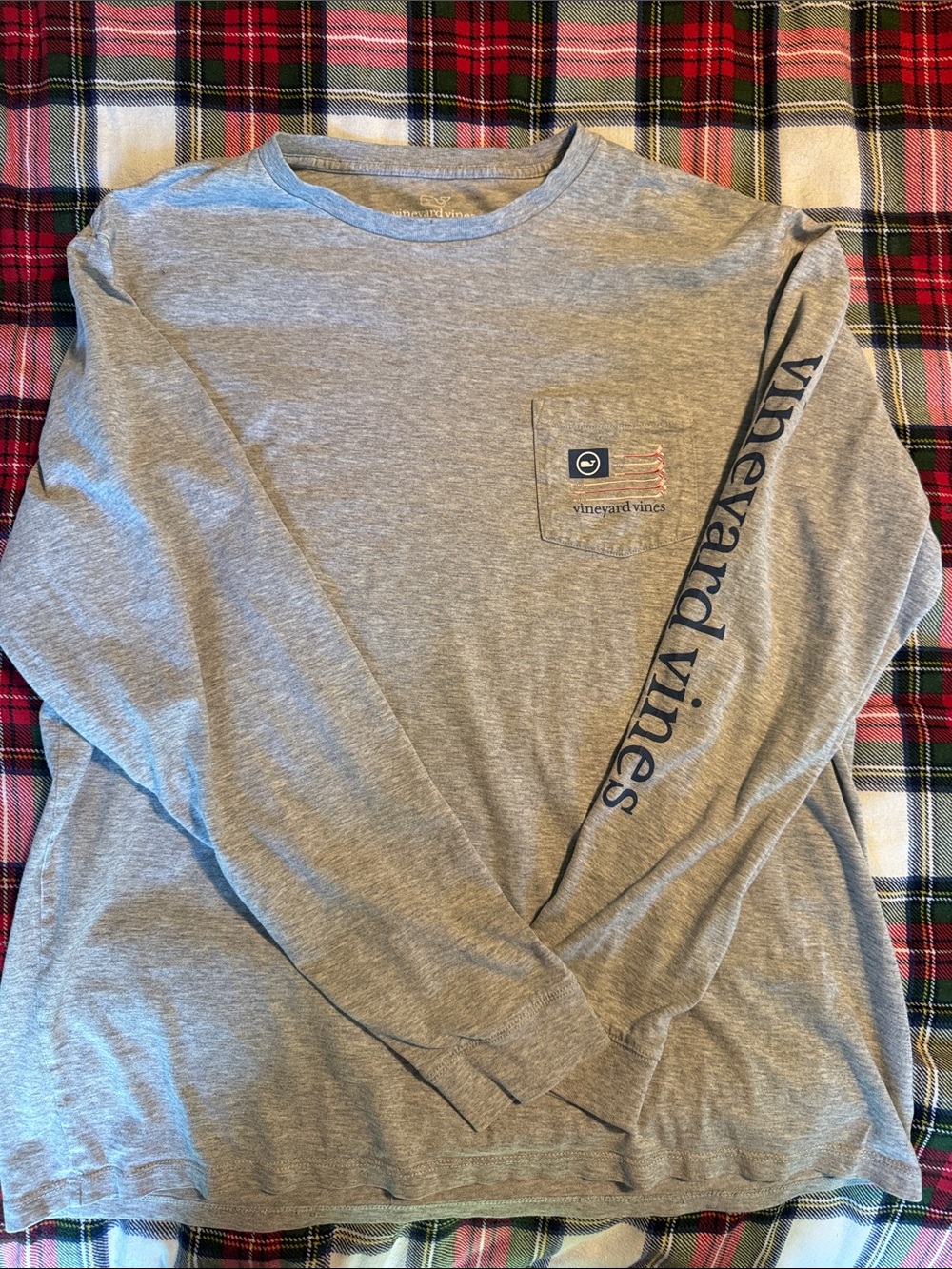Vineyard Vines Light Gray Long Sleeve RWB Hockey Pocket Tee with Sleeve Logo